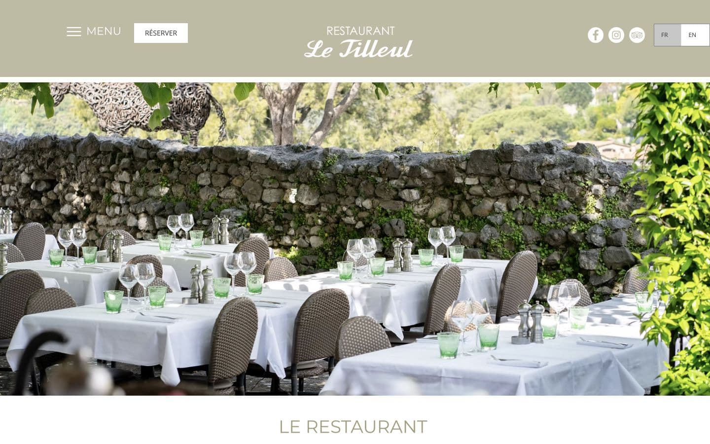 Le Tilleul restaurant website showing its garden terrace