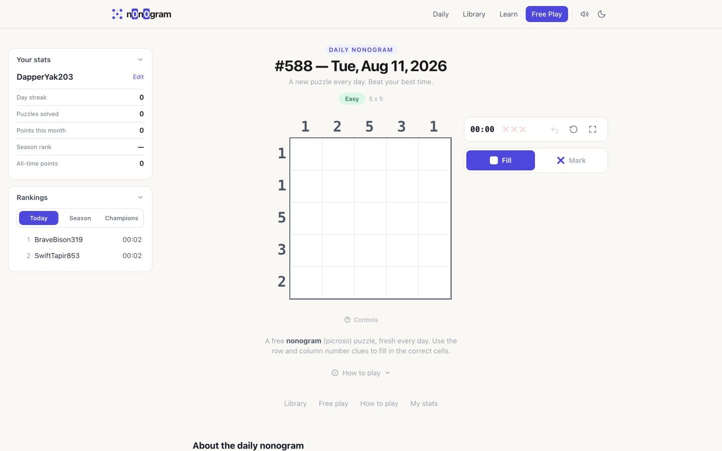 n0n0gram daily puzzle and player statistics interface